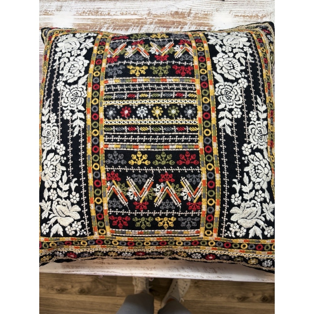 Beautiful Black Floral Color Block Johnny Was 21x21 Inch Artsy Decorative Pillow